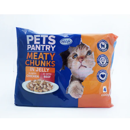 HiLife Pets Pantry Cat Food (Chicken/Beef)Meaty Chunks In Jelly 4 x 100 G